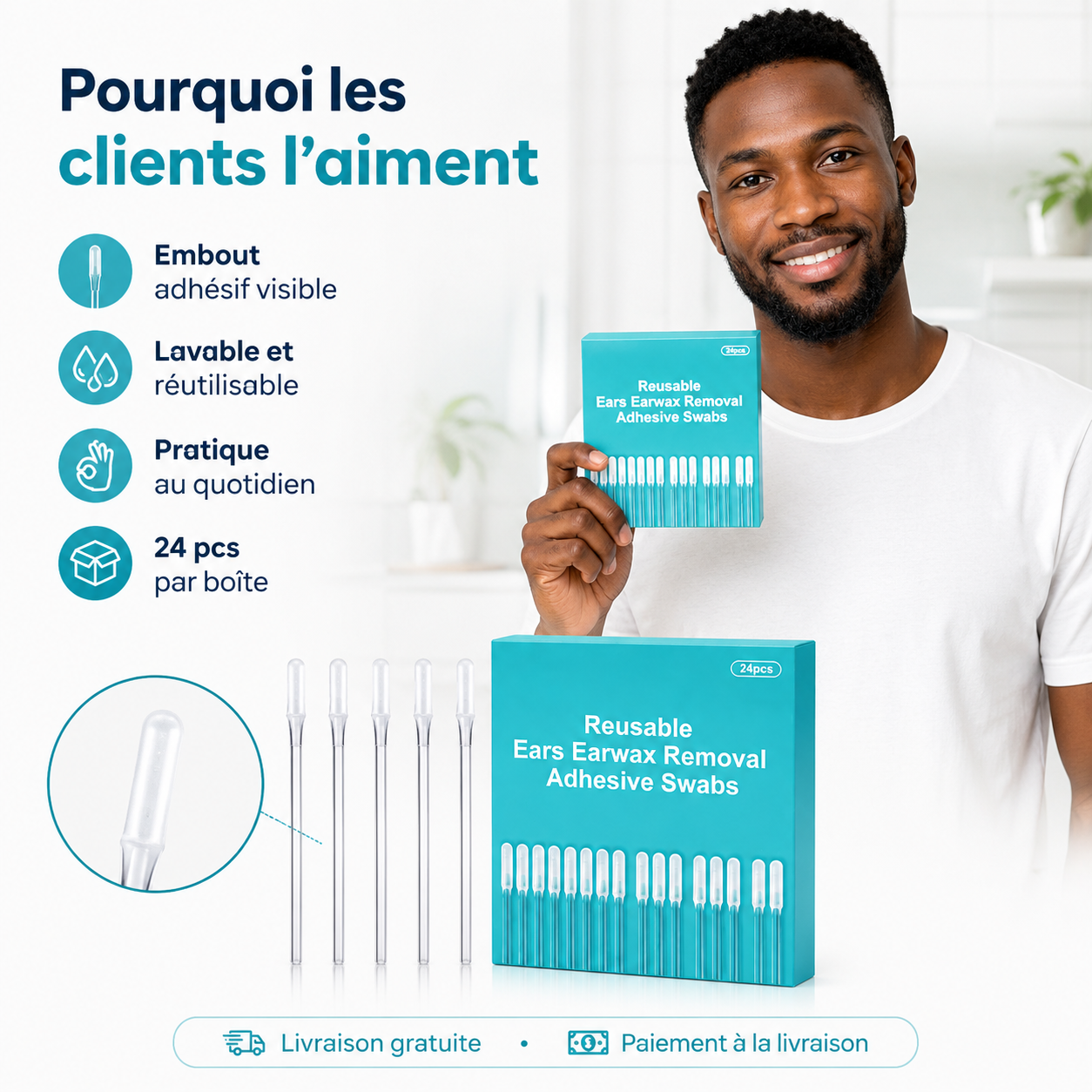 Bâtonnets Lavables pour l’Hygiène des Oreilles – Boîte de 24